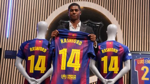 El delantero internacional inglés Marcus Rashford, comparece este miércoles en un acto con la prensa organizada por el Barcelona en la tienda oficial del Spotify Camp Nou.