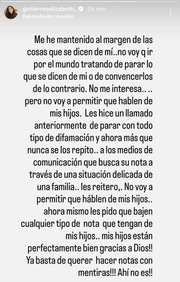 Elizabeth Gutiérrez habló de sus hijos en un escrito subido a sus redes sociales. | Instagram: @elizabethgutierrez_.