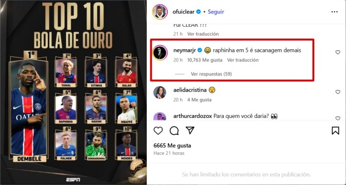 Neymar dejó un comentario desde su cuenta personal a la publicación del periodista Eduardo Semblano.
