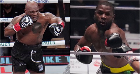 Boxer Floyd Mayweather of the U.S. throws a punch against mixed martial artist Mikuru Asakura of Japan in Saitama, north of Tokyo, Sunday, Sept. 25, 2022. (AP Photo/Hiro Komae)