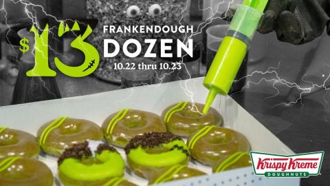 Krispy Kreme ofrece su nueva colección de donas color verde vibrante "Frankendough Dozen" a $13.