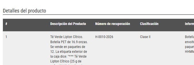 La FDA publicó un aviso de clasificación el 2 de octubre con los datos del retiro.