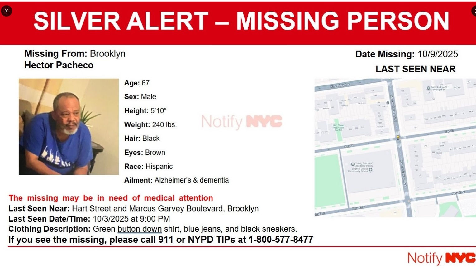 Alerta por hispano mayor desaparecido en Nueva York