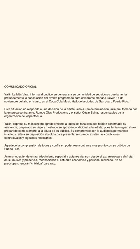Comunicado publicado este 13 de noviembre por Yailin La Más Viral.