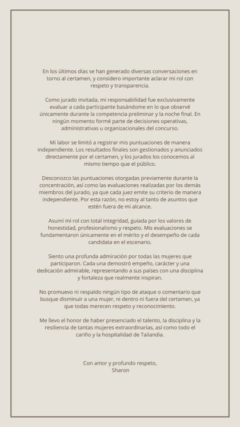 Comunicado de Sharon Fonseca, jurado del Miss Universo 2025.