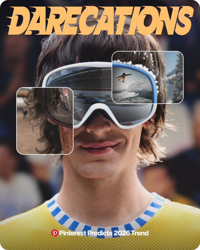Persona con gafas deportivas que reflejan actividades de aventura como snowboard y motocross, representando la tendencia Darecations de Pinterest Predicts 2026.