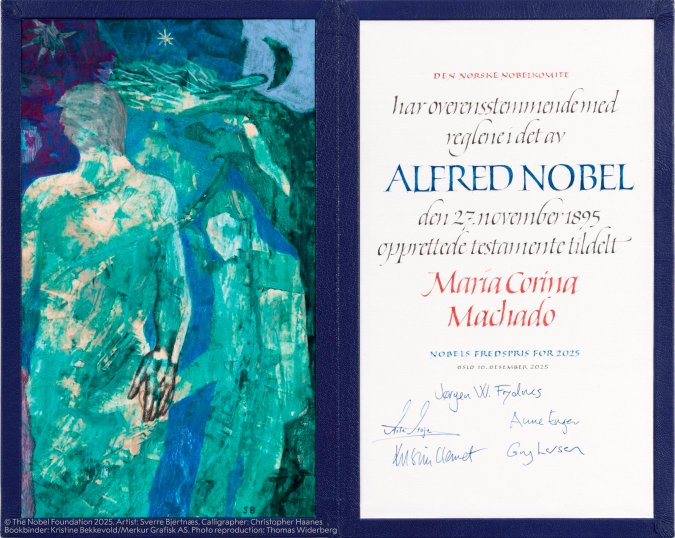 Diploma del Premio Nobel 2025, diseñado por Sverre Bjertnæs.