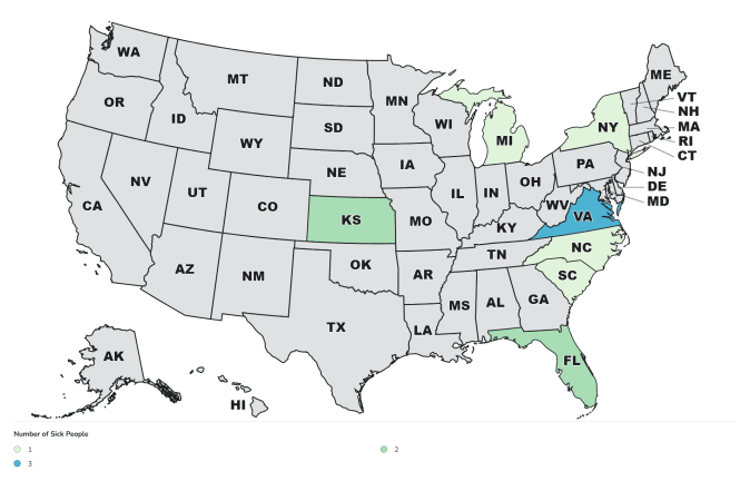 Los siete estados de Estados Unidos que reportaron casos en el brote de Salmonella Richmond fueron: FL (Florida), KS (Kansas), MI (Míchigan), NY (Nueva York), NC (Carolina del Norte), SC (Carolina del Sur) y VA (Virginia).