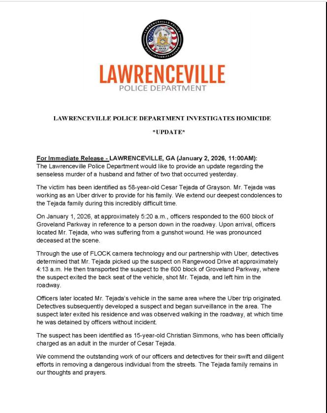Un joven de 15 años fue acusado como adulto por el asesinato de un conductor de Uber, identificado como César Tejada durante un robo de vehículo en un suburbio de Georgia