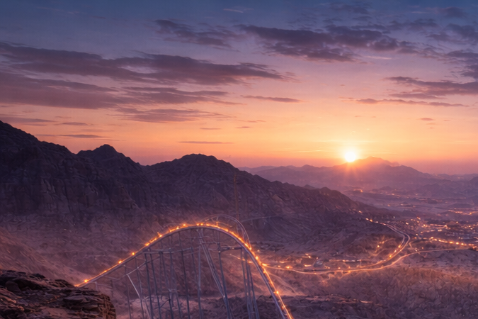 Montaña rusa Falcon’s Flight recorriendo el desierto de Arabia Saudita al atardecer, con luces encendidas y caída extrema entre montañas.