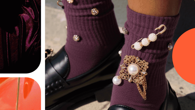 Collage de prendas, maquillaje y objetos en tonos coral y ciruela que ilustran la subpaleta Persimmon Noir de Pinterest Palette 2026.