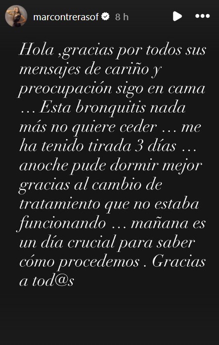 Mar Contreras ofreció un avance de la información que le dieron los doctores. | Instagram: @marcontrerasof.