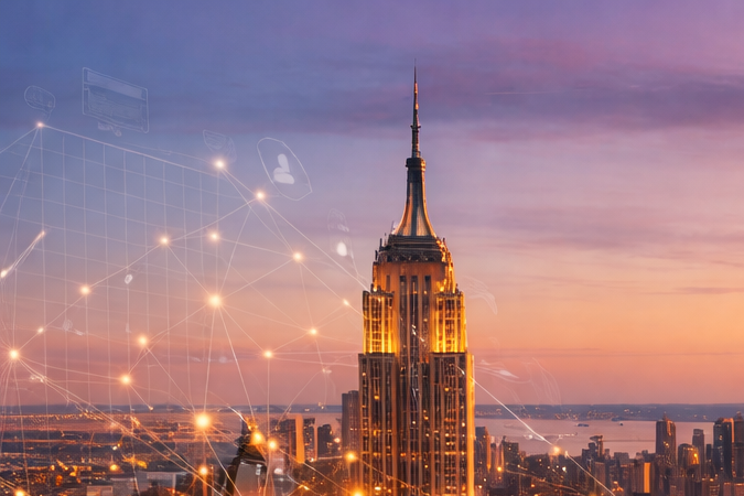 Panorámica de Nueva York al atardecer con red digital que simboliza la expansión de la inteligencia artificial