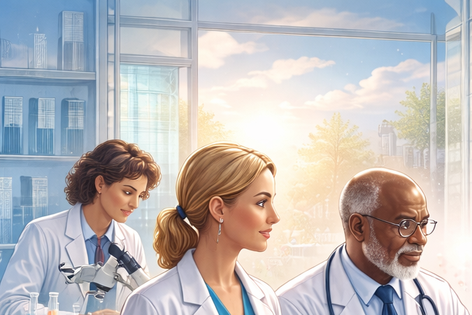 Profesionales de la salud trabajando en investigación oncológica y pacientes en un entorno de esperanza