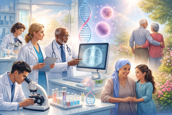 Signos de alerta: síntomas del cáncer Profesionales de la salud trabajando en investigación oncológica y pacientes en un entorno de esperanza