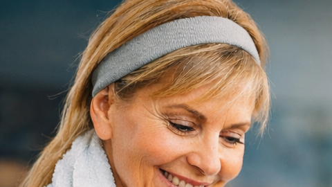 Pareja mayor de 40 años combinando ejercicio y alimentación saludable en casa