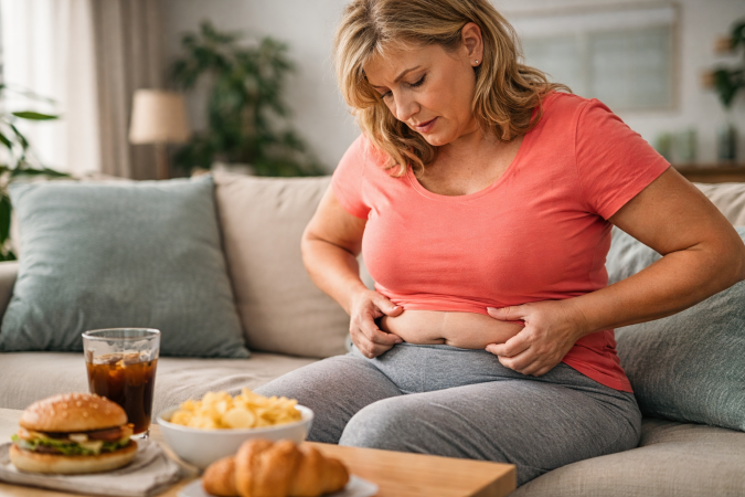 Grasa abdominal y cambios metabólicos después de los 40 Mujer mayor de 40 años observando grasa abdominal en casa, cambios metabólicos asociados a la edad