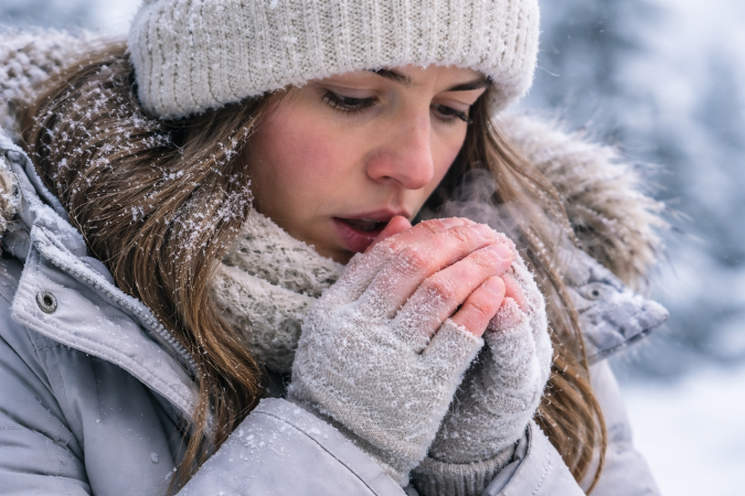 Mujer expuesta a frío extremo intenta calentarse las manos, signos de principio de congelamiento