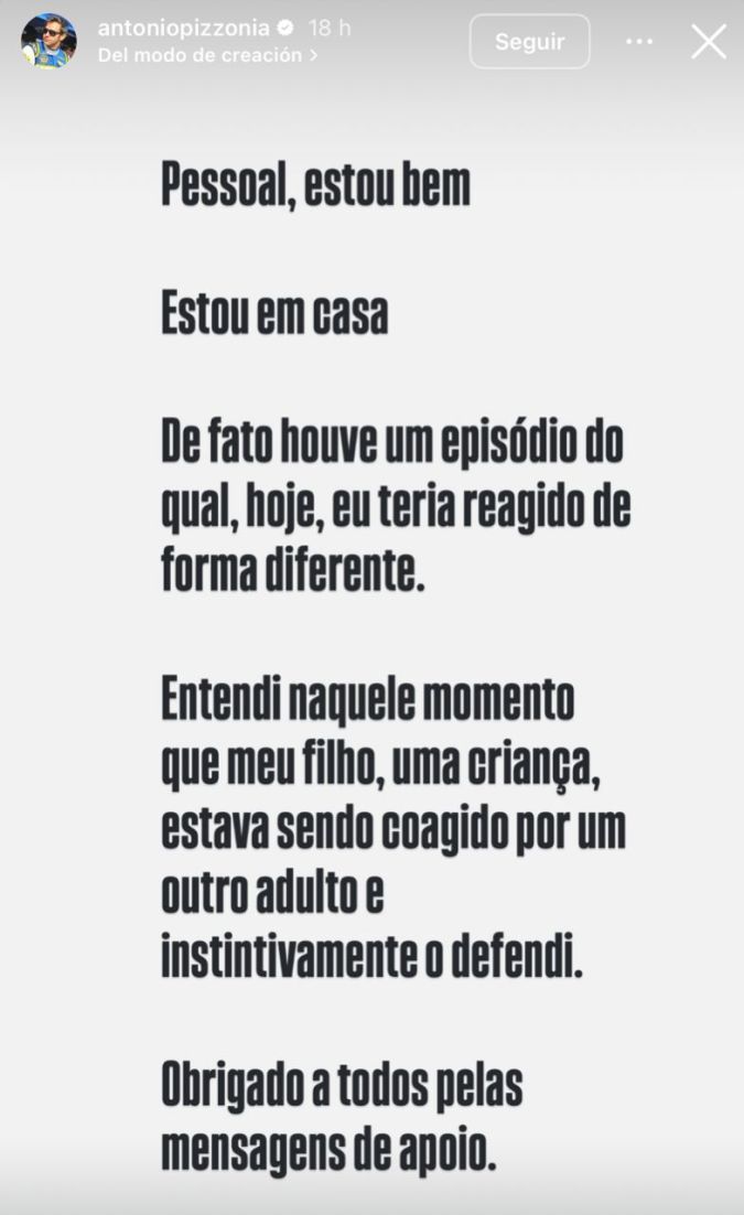 Pequeño comunicado de Antonio Pizzonia extraído de su cuenta de Instagram.