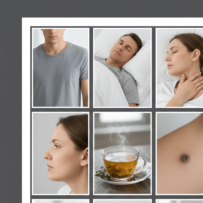 Collage fotográfico que muestra diversas señales físicas de alerta médica: fatiga persistente, cambios en la piel, nódulos en el cuello, pérdida de peso y molestias al tragar.