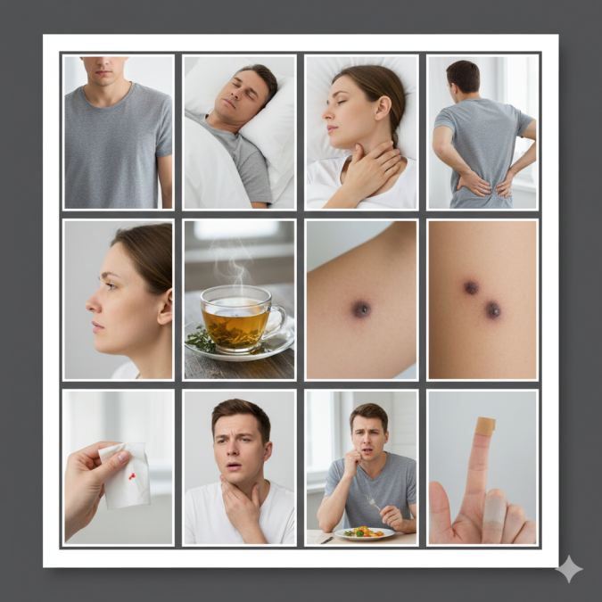 Síntomas tempranos que no debes ignorar Collage fotográfico que muestra diversas señales físicas de alerta médica: fatiga persistente, cambios en la piel, nódulos en el cuello, pérdida de peso y molestias al tragar.