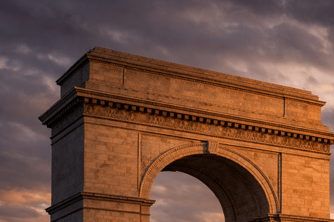 Usulan lengkungan monumental raksasa di Washington di sebelah National Mall saat senja.