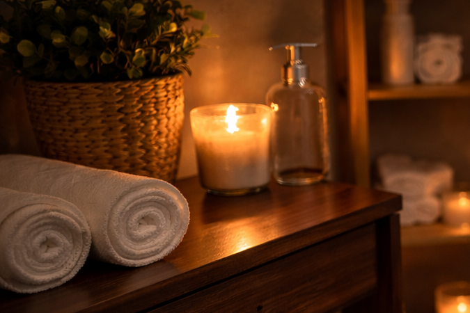 Kamar mandi modern dengan bidet yang dapat disesuaikan menyala pada malam hari di sebuah rumah di Amerika Serikat