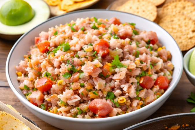 Cenas económicas y altas en proteína para la semana Cena casera alta en proteína con pollo, atún y frijoles servida sobre una mesa.