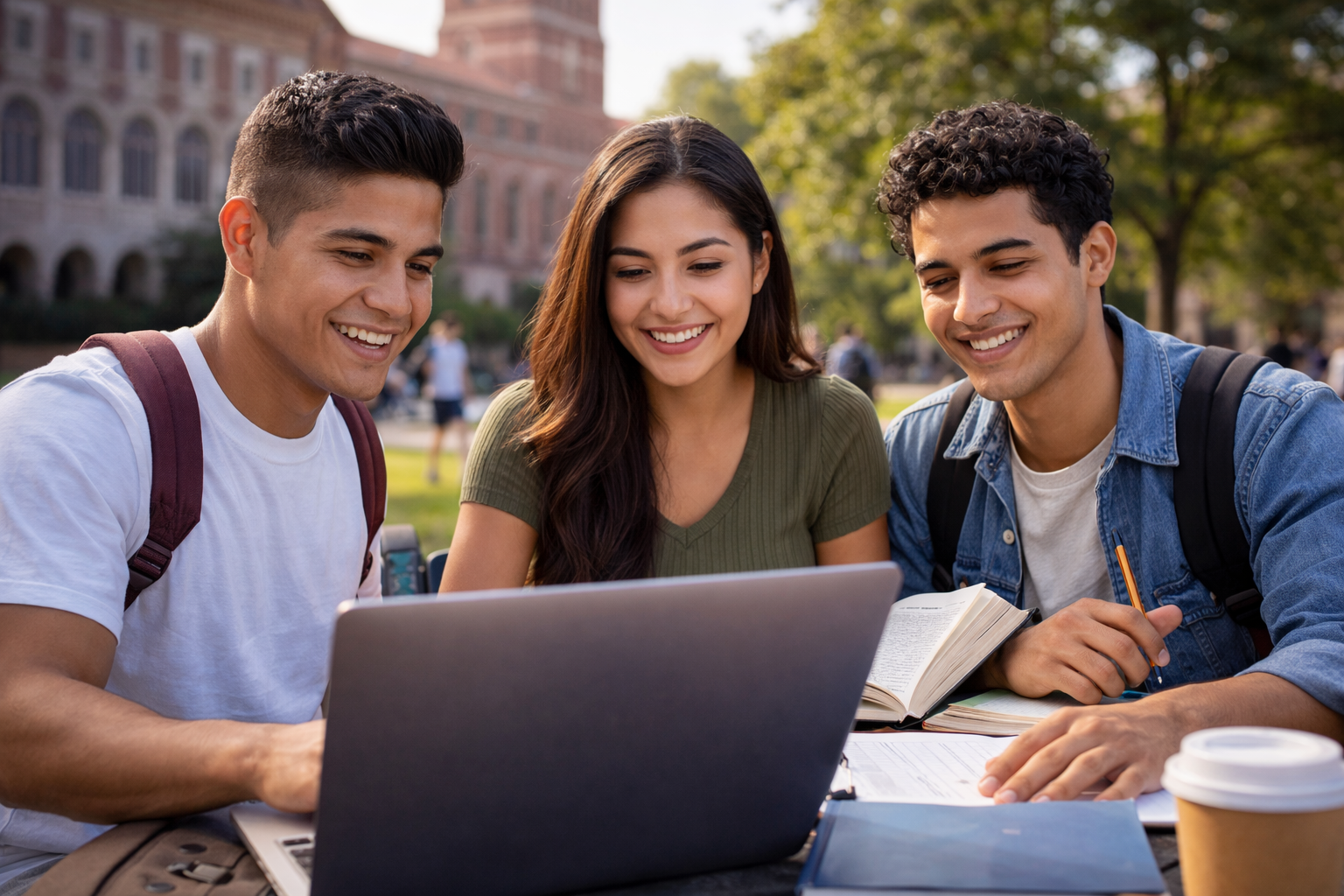 Estudiantes latinos trabajando en grupo con laptop y libros en campus universitario de Estados Unidos