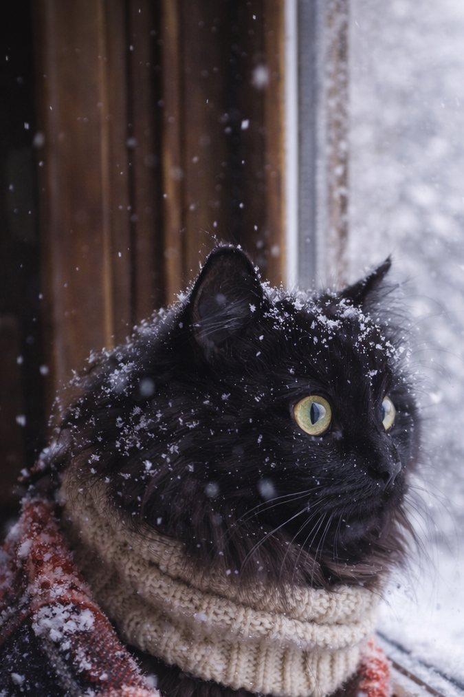 Kucing hitam berambut panjang melihat salju dari jendela di musim dingin.