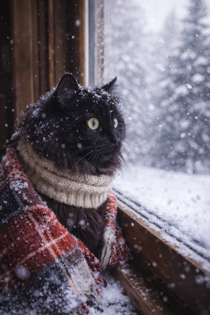 Kucing hitam berambut panjang melihat salju dari jendela di musim dingin.
