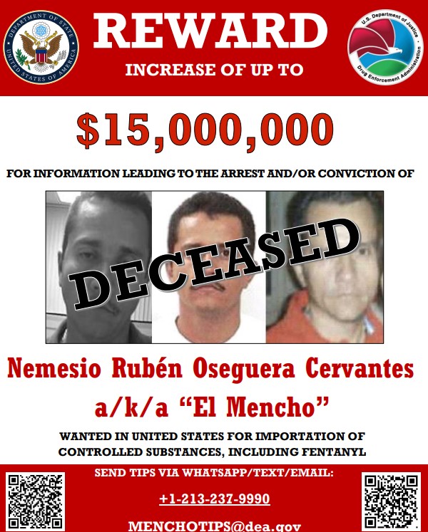 Wanted poster offering a reward of up to $15,000,000 for information leading to the arrest or conviction of Nemesio Rubén Oseguera Cervantes, also known as 'El Mencho'. The poster indicates that he is deceased and includes images of him.