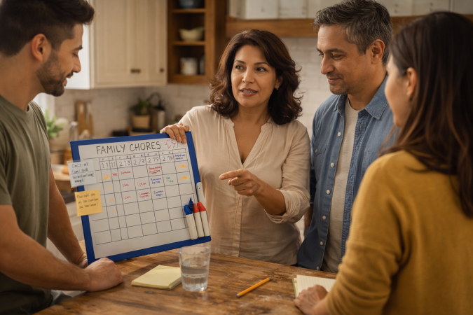 Familia latina organiza las tareas del hogar con una pizarra en la cocina.