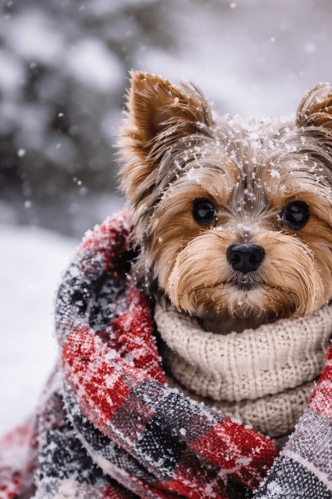 Perro de raza pequeña abrigado en la nieve durante una jornada de frío intenso.