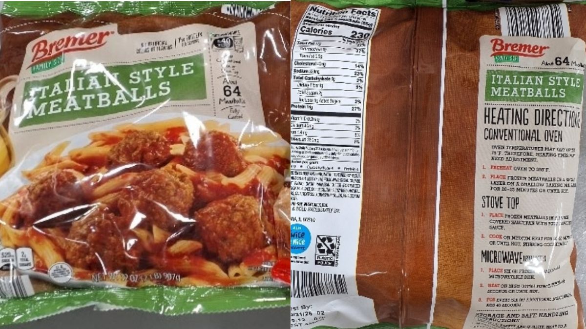 Empaque de 32 oz de albóndigas estilo italiano Bremer tamaño familiar con sello de inspección USDA EST. 4286B objeto de retiro por metal.
