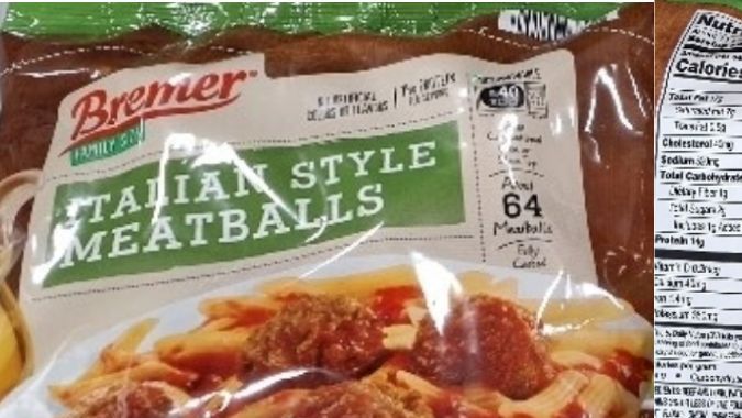 Empaque de 32 oz de albóndigas estilo italiano Bremer tamaño familiar con sello de inspección USDA EST. 4286B objeto de retiro por metal.