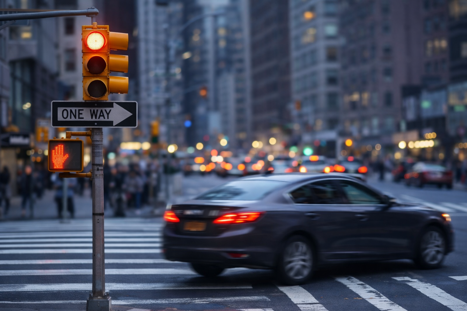 Multa por pasar en rojo en Nueva York Auto cruzando semáforo en rojo en una intersección de Nueva York