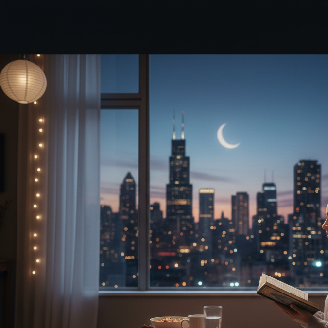 Mujer musulmana sentada en una alfombra de oración leyendo frente a una ventana con vista nocturna a rascacielos de EE. UU., con una mesa pequeña preparada con dátiles y agua para romper el ayuno.