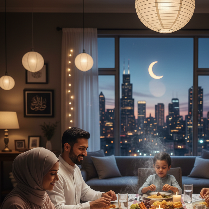 Una familia musulmana disfruta de la cena de Iftar en un departamento moderno con vistas al horizonte de Chicago (Skylines) iluminado de noche durante el Ramadán.