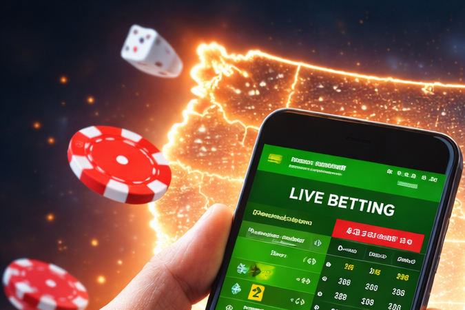 Persona usando un celular para realizar apuestas deportivas en línea con mapa iluminado de Estados Unidos al fondo