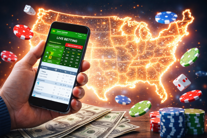 Apuestas deportivas en línea en Estados Unidos Persona usando un celular para realizar apuestas deportivas en línea con mapa iluminado de Estados Unidos al fondo