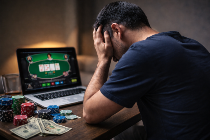 Ludopatía y juego en línea en Estados Unidos Hombre con gesto de angustia frente a una laptop con póker en línea y fichas de casino sobre la mesa