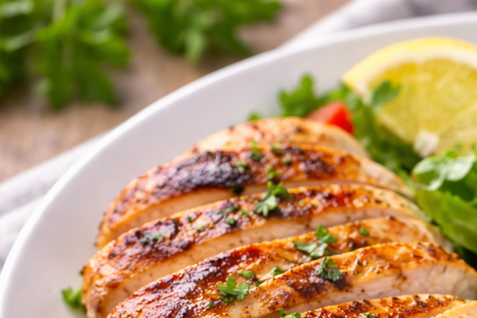 Plato con pechuga de pollo a la parrilla, ensalada fresca y mayonesa con ajo servida al lado