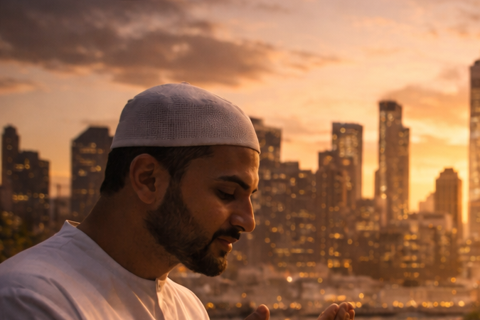 Familia musulmana comparte la comida del iftar al atardecer con el skyline de Nueva York de fondo.