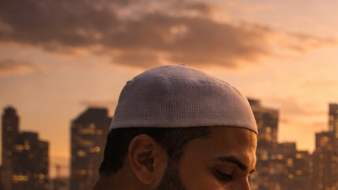 Familia musulmana comparte la comida del iftar al atardecer con el skyline de Nueva York de fondo.