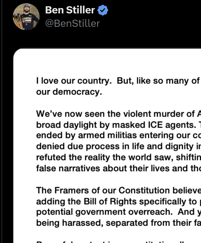 Post en X de Ben Stiller sobre la democracia en USA