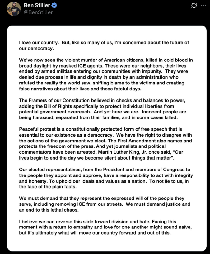 Post en X de Ben Stiller sobre la democracia en USA Post en X de Ben Stiller sobre la democracia en USA