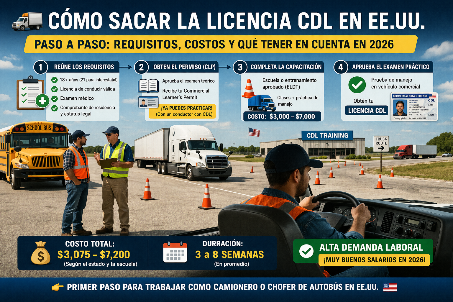 Infografía sobre cómo obtener la licencia CDL en Estados Unidos con pasos y costos
