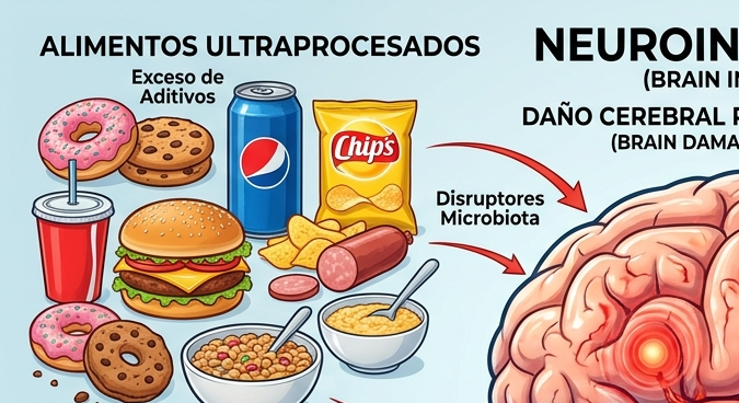 Infografía del cerebro con la descripción de cómo los azúcares y las grasas afectan el cerebro.