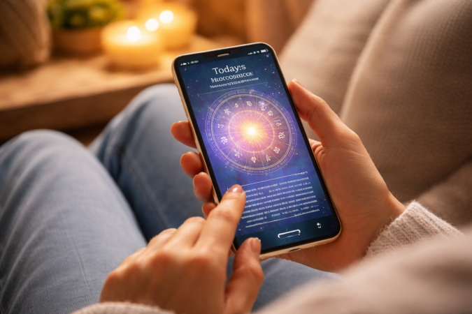 Por qué la gente cree en el horóscopo Persona consultando el horóscopo en una aplicación de astrología desde su teléfono móvil